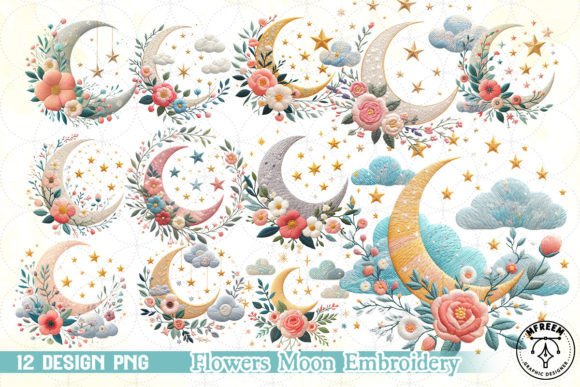 Flowers Moon Embroidery Clipart PNG Review